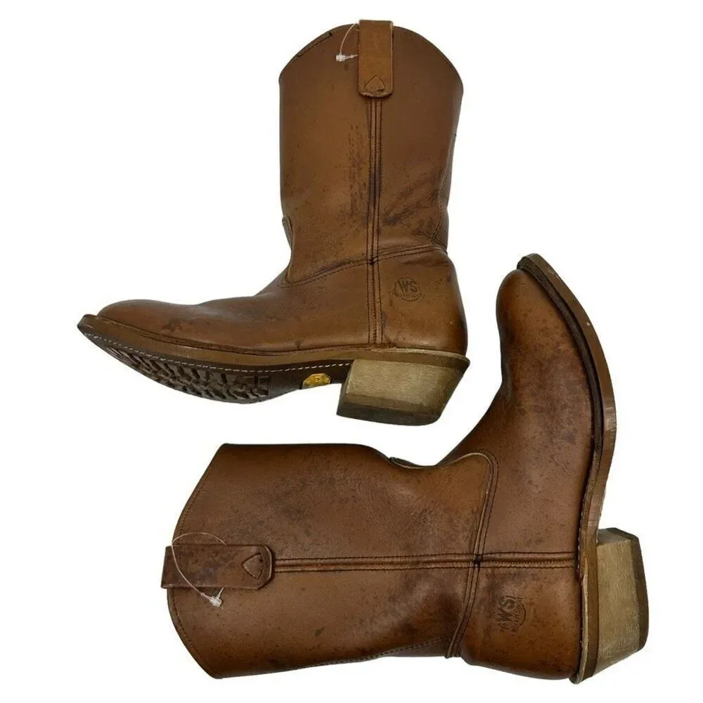 Vibram Mens Ws Work n Sport Cowboy Western Boots Brown Leather Pull On USA 7.5